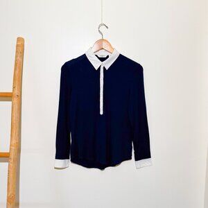 Liz Clairborne Navy Nautical Long Sleeve Button Up Blouse Top Petite Medium